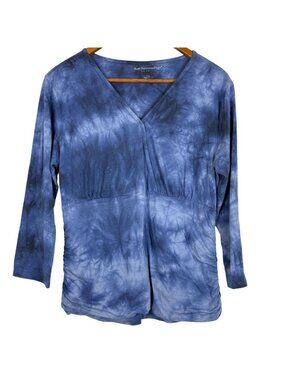 Soft Surroundings Womens Tie-Dye Top Large V-Neck Long Sleeve Blue USA